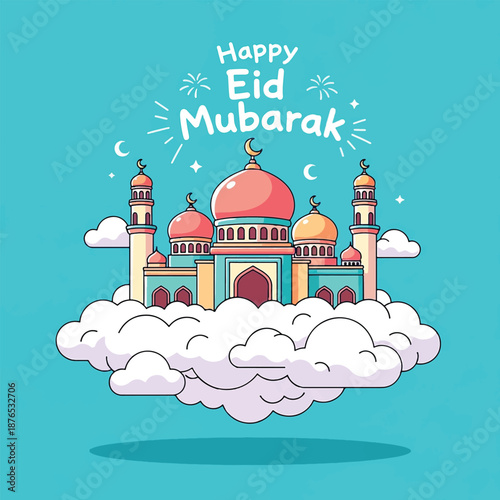 Happy Eid Mubarak Mosque on Clouds Illustration.