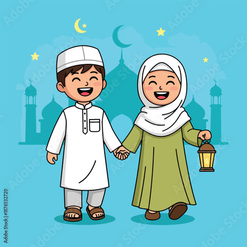 Happy Muslim Children Celebrating Eid alFitr with Joy.