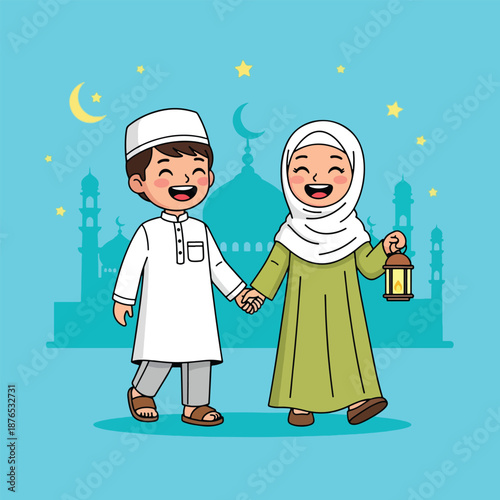 Happy Muslim children walking hand in hand with mosque background.