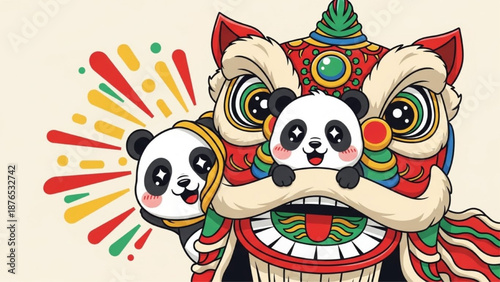 Cute Panda Performing Chinese Lion Dance