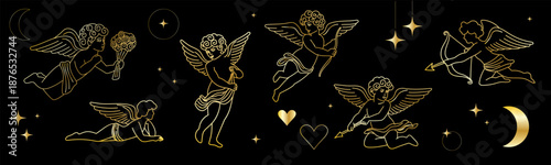 Gold Vintage Cupid Angel Icon. Cute Cherub Character Golden Outline Silhouette. Valentine's Day or Wedding Decoration Symbol. Flying Romantic God with Wings and Bow and Arrows. Christmas Sign.