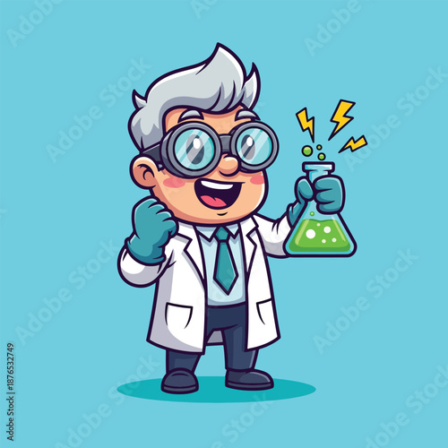 Happy Scientist Cartoon Character Holding Beaker.