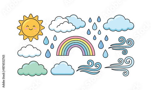 Cute hand drawn weather phenomena and rainbow vector spring set bundle