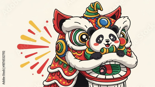 Cute Panda Performing Chinese Lion Dance