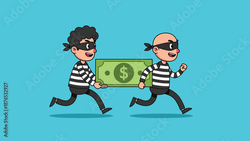 Two cartoon thieves running with a large dollar bill.