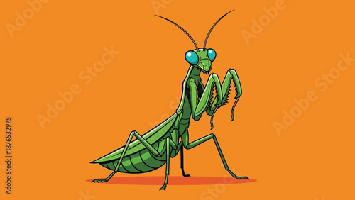 Vibrant green praying mantis illustration on a solid orange background.