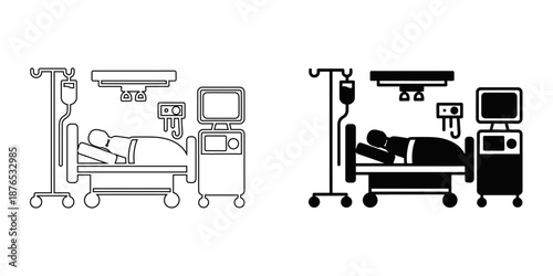 Hospital ICU Patient Bed Icons - Intensive Care Unit with Medical Monitor and IV Drip Symbols