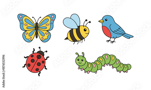 Cute insects butterfly bee bird ladybug caterpillar vector spring set bundle