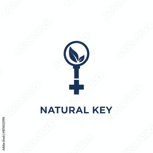 Female gender symbol with leaf icon for organic health research or feminist ecology brand named NATURAL KEY text