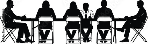 Business meeting silhouettes of corporate team sitting at conference table, professional office people vector illustration set for management training presentation design