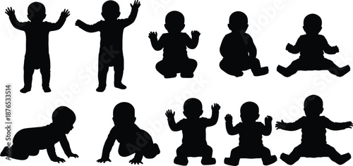 Baby silhouette collection showing crawling sitting standing and playing poses, infant development stages set, black children vector icons isolated on white background
