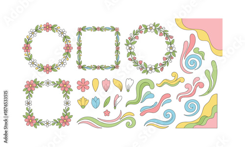 Elegant bundle of spring flowers decorative frames and design elements set