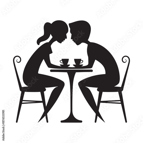 Romantic Couple Sitting at Cafe Table Having Coffee Silhouette Vector for Date Night and Valentine Concept