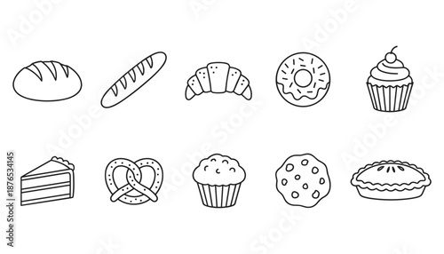 Bakery products collection line art vector illustration of pastries and cakes isolated object eps