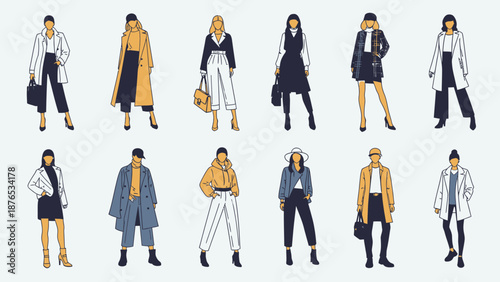 Fashionable people in stylish modern outfits and trendy accessories