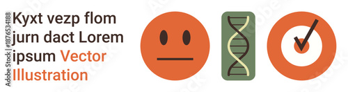 Science, healthcare, biotechnology, approval processes, research, genetic studies. DNA helix, neutral emoticon checkmark inside a circle. Healthcare and biotechnology concept