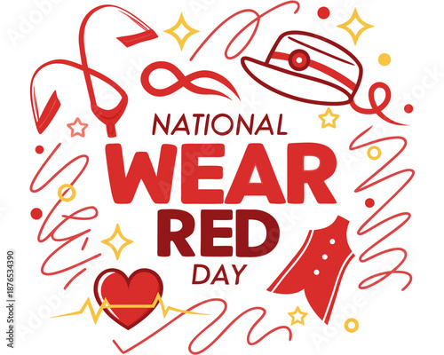 National Wear Red Day Vector Illustration, Heart Health Awareness and Red Clothing Campaign Graphic