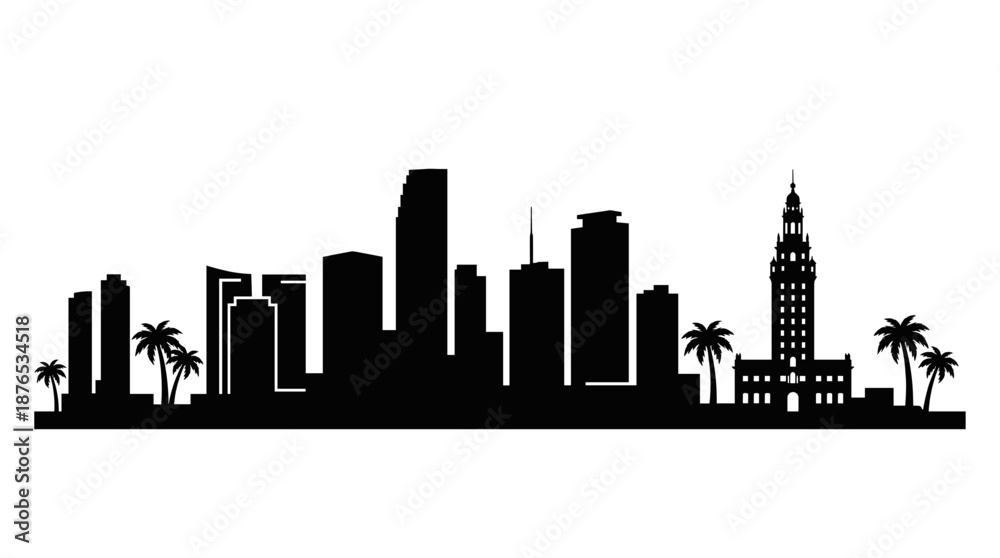 Fototapeta premium Miami skyline vector silhouette. Black cityscape of Florida downtown with Freedom Tower and palm trees. Monochrome urban panorama isolated on white background for logo or design.