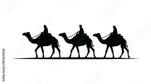 Rajasthan desert camel caravan silhouette vector illustration. Traditional Indian safari transport. Tourists riding camels in sand dunes. Travel and tourism concept design element.
