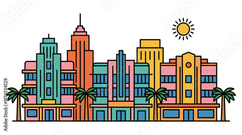 Miami skyline vector linear illustration. Retro Art Deco buildings on Ocean Drive. Colorful Florida cityscape with sun and palm trees. Vintage South Beach architecture line art.