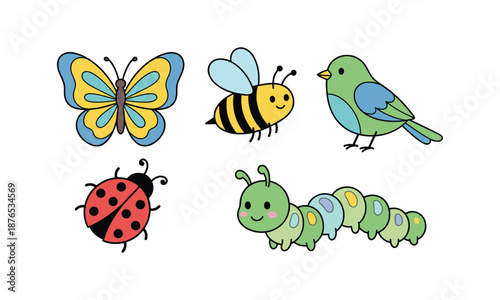 Set bundle spring animals featuring cute insects butterfly and bird