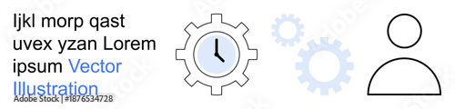 Time management, productivity tools, workflow automation, scheduling, teamwork, user interface. Gear clock and individual outline with abstract design. Time management and productivity