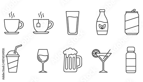 Drinks vector line art illustration set with cup bottle juice glass alcohol cocktail isolated eps