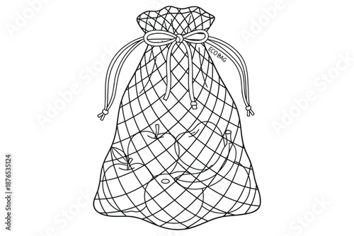 Eco bag with fresh organic fruits vector outline illustration isolated on background