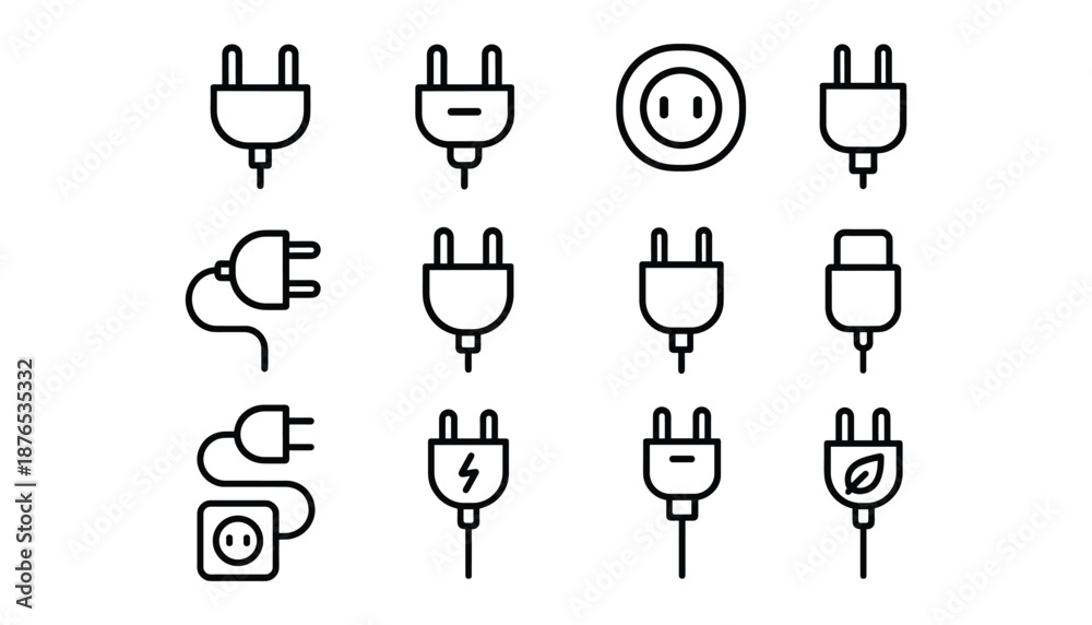 Αυτοκόλλητο Electric power plugs of different standards line art icons set on transparent ba