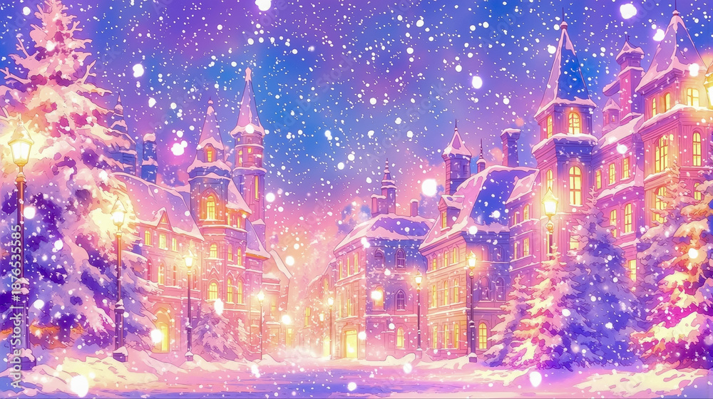 Fototapeta premium 暖か な 光 が 灯る 幻想的な 雪 の 街並み と 舞い散る クリスマススノー