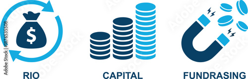 Financial concepts illustration with money, capital, and fundraising symbols.