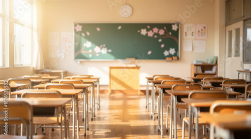 出会いと別れを象徴する、桜のペーパーアートが飾られた日本の温かい教室風景