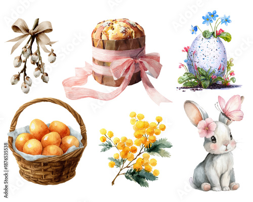 Spring Easter set with watercolor cupcakes, panettone, cute bunny, basket with eggs, mimosa flowers and more. Watercolor collection of elements for spring and Easter designs.