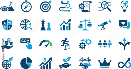 Set of blue business icons and symbols for strategy and growth