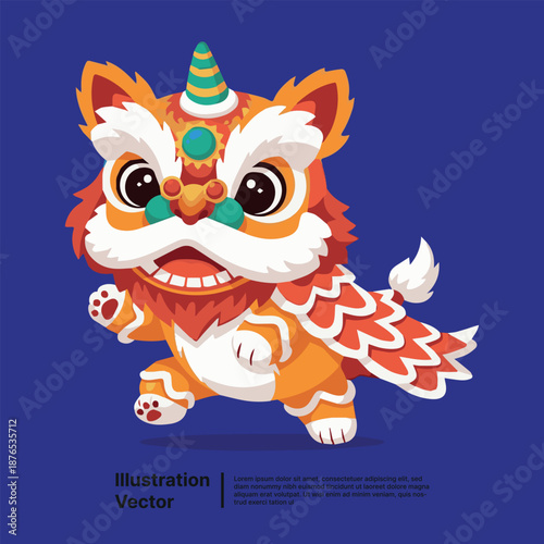 Vibrant lion dance performance in a cultural festival setting, viewed from the front