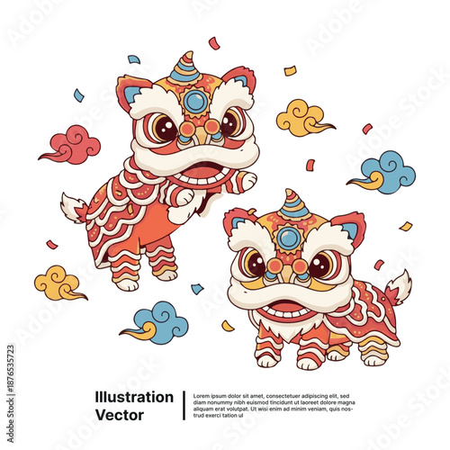 Vibrant digital illustration of dancing lion figures surrounded by festive elements on a white background from a direct viewpoint