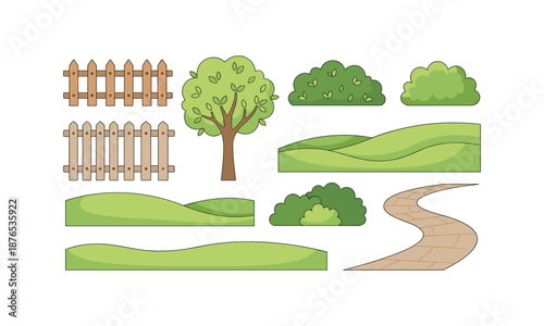 Spring landscape set bundle, lawn, fence, tree, shrubs, and paving stones