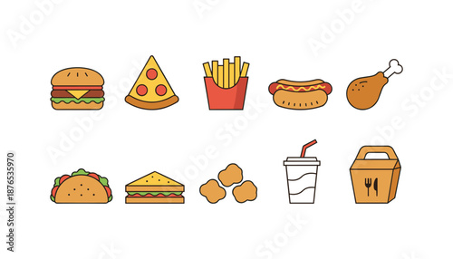 Fast food set burger pizza french fries hot dog chicken taco sandwich nuggets soda and lunch box