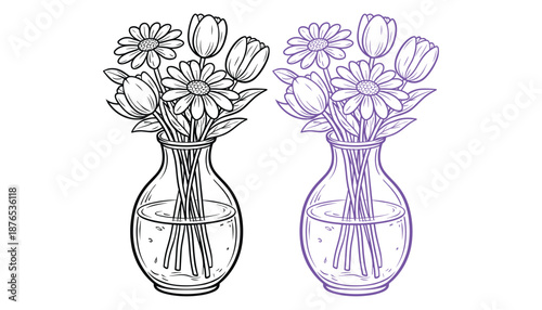 Flowers vase with black outline and colored vase with bouquet for design art element