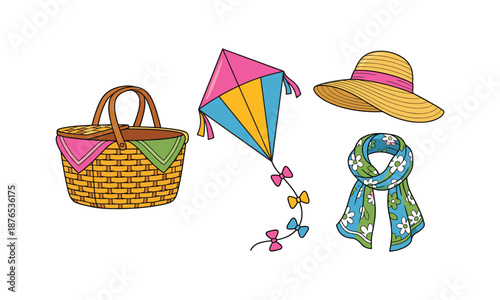 Spring picnic set bundle spring of basket, kite, hat and scarf isolated
