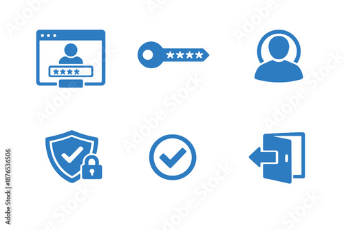 Monochromatic flat vector icon set focused on user authentication and account access. Clean symbols for login screens, security flows and app interfaces.