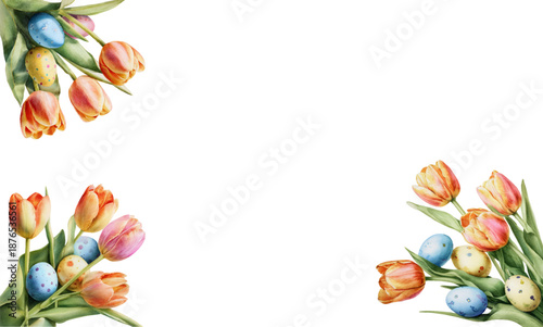 Spring arrangement of tulips with colorful splashes. Blank template of holiday banner. Watercolor botanical illustration of fresh tulip flowers, buds and green leaves. Vector illustration.