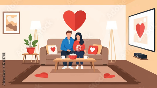 Romantic Couple Enjoying a Movie Night Together, Sharing Popcorn and Cozy Vibes on a Sofa with Heart Decorations