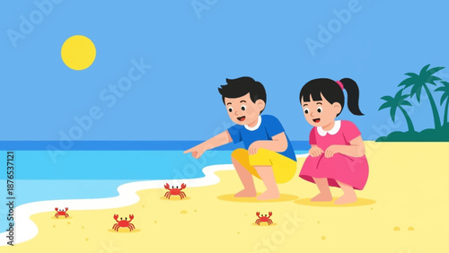 Two joyful children discover tiny red crabs on a sunny beach, experiencing the wonders of nature during a memorable seaside adventure