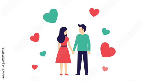 Vibrant illustration of a loving couple holding hands, surrounded by floating hearts, symbolizing romance, affection, and the strong emotional bond within a happy relationship