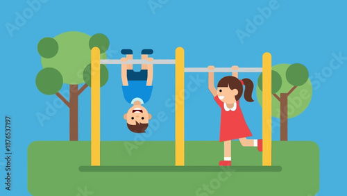 Children playing on outdoor monkey bars in a park on a sunny day enjoying recreational physical activity
