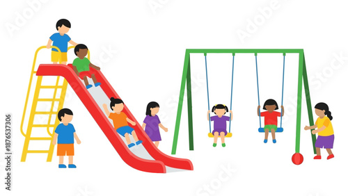 Children enjoy playing on playground equipment including a slide and swings, showcasing outdoor fun and recreation