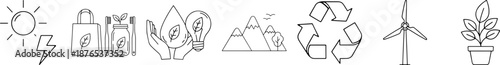 eco themed line icon set with sun energy, reusable bag, leaves, mountains, recycling arrows, wind turbine, and potted plant in minimalist black and white illustration style