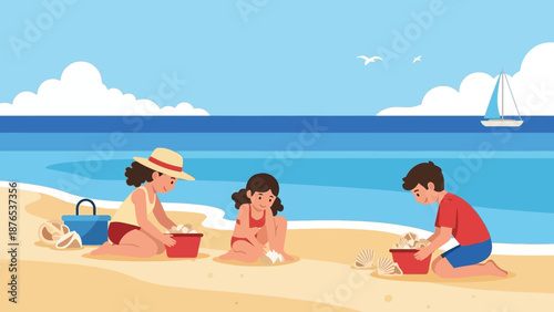 Happy children enjoying a sunny summer day at the beach, collecting seashells in their buckets by the blue ocean waves