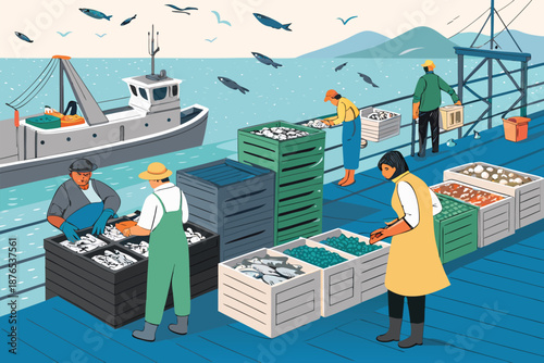 Fishing Harbor Morning Auction Dock